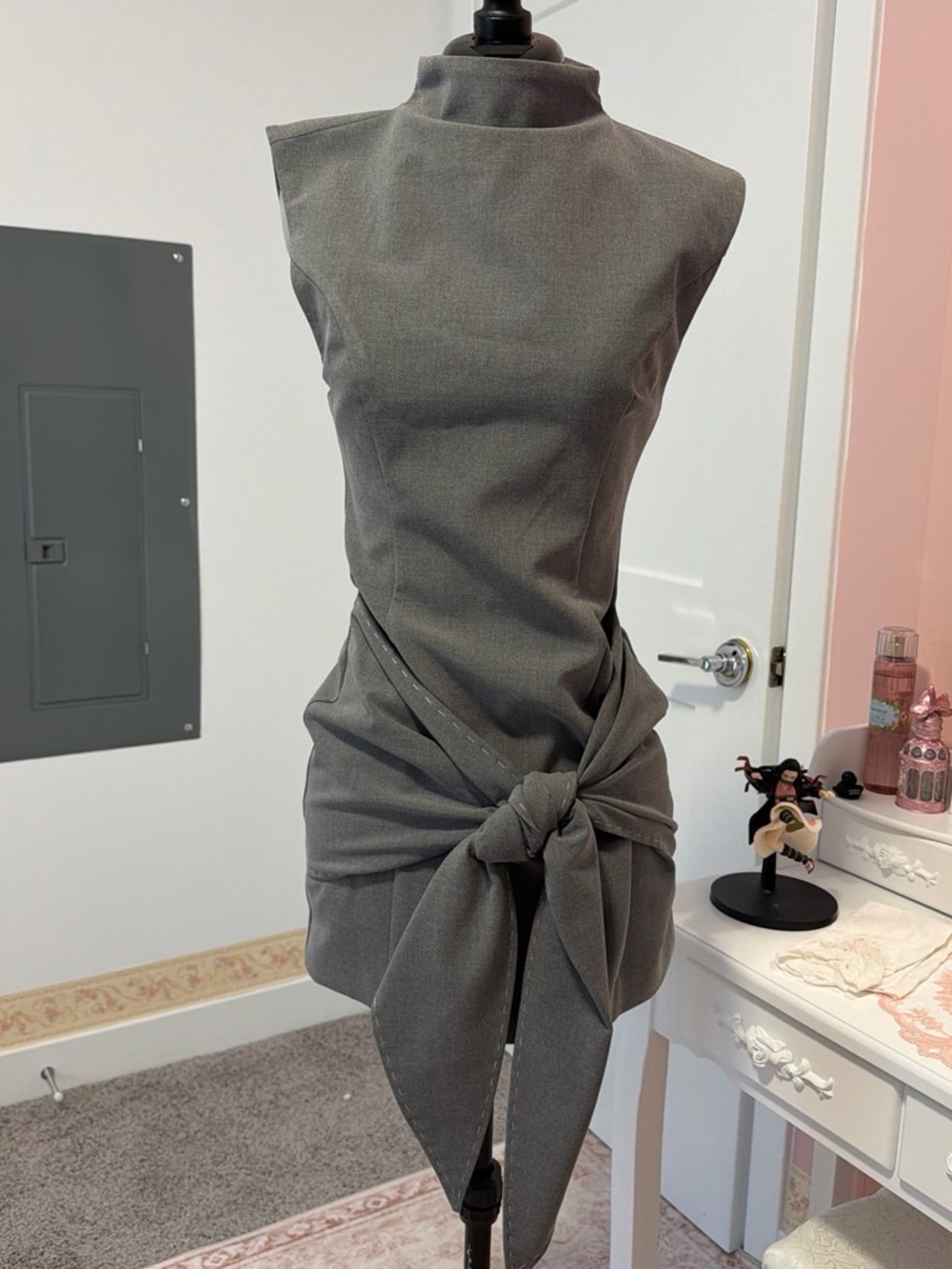 Zara Gray Sleeveless Mock Neck Mini Dress with Front Tie